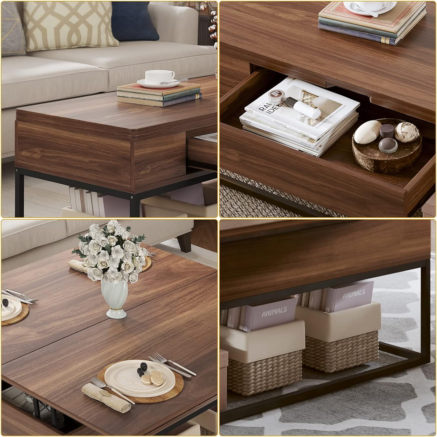 3 Modes Lift Top Coffee Table with hidden Drawer Storage for Living Room&Dining Room, Walnut