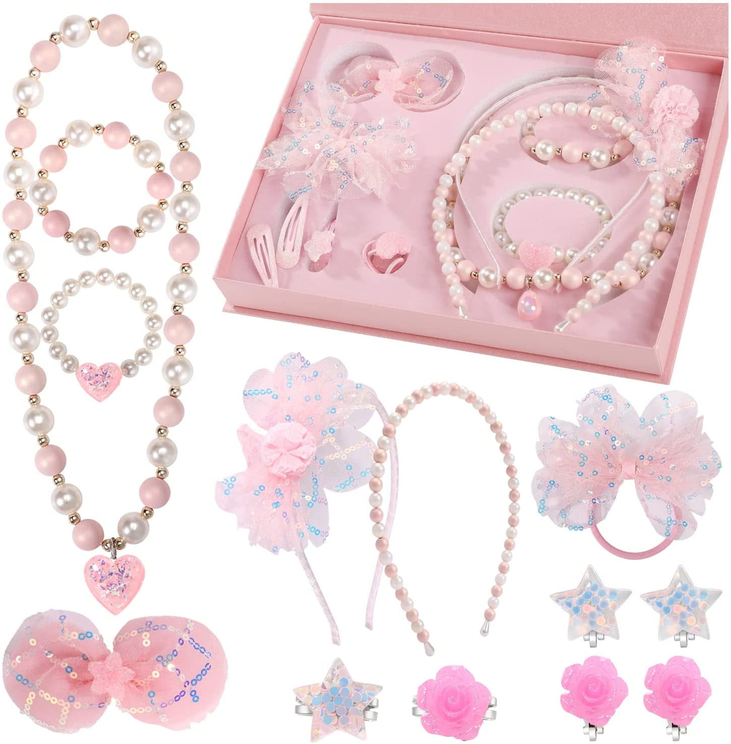PinkSheep 14Pcs Kids Jewelry Set with Storage Box, Girls Toddler Jewelry Beads Necklace Bracelet Headband Ring Clip Earring Hair Ties
