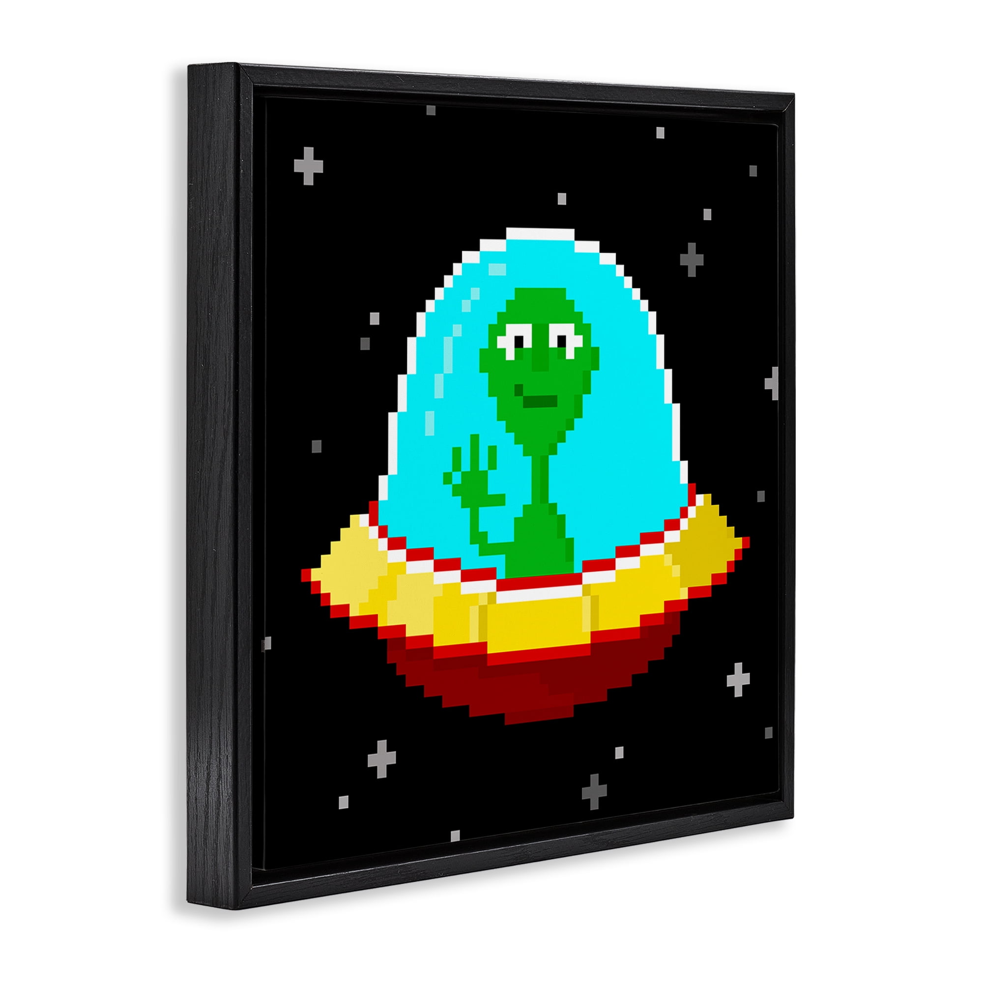 Stupell Industries Pixel Alien Spaceship Novelty & Humor Painting Black Floater Framed Canvas Art Print Wall Art, 18 x 18