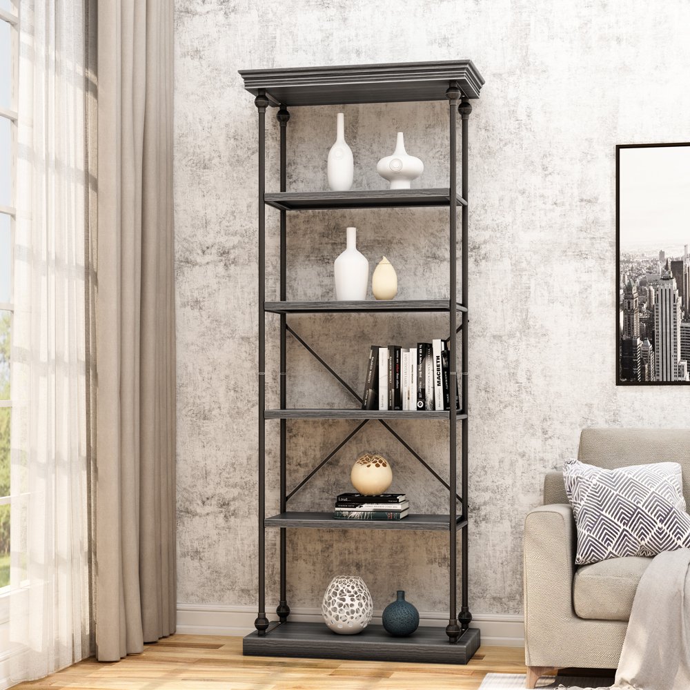 Alma Industrial 5 Shelf Firwood Bookcase, Gray and Pewter
