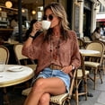thumbnail image 5 of Crochet Coverups for Women Long Sleeve Knit Cover Up Top Hollow Out Boho Summer Beachy Crocheted Tops Brown M, 5 of 7