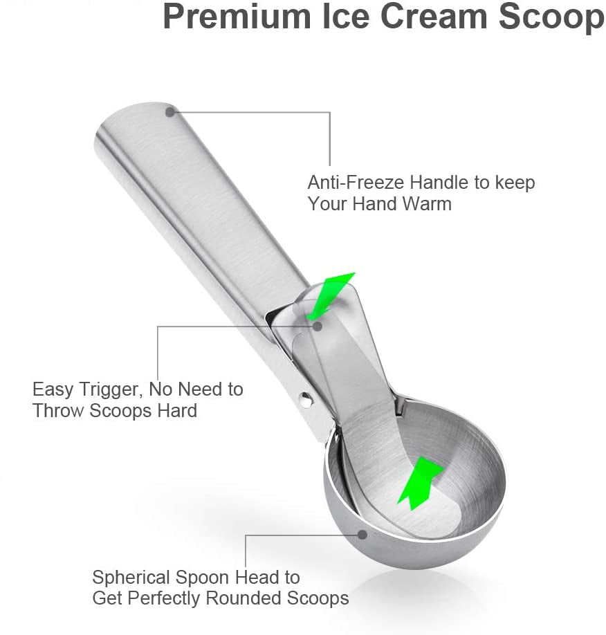 D Ice Cream Scoop, Stainless Steel Ice Cream Scooper with Trigger Release,  Metal Cookie Scoops, Iceream Scoop Spoon for Meatball Frozen Yogurt Gelatos