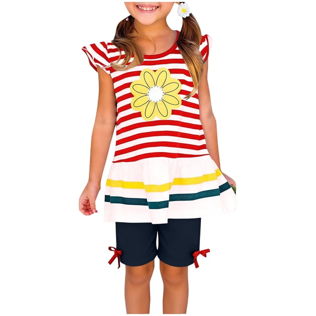 Conjuntos de blusas y camisas de cuello redondo y manga corta para niños, top con estampado a rayas y cuello redondo con mangas voladoras y pantalones cortos de capa base de color liso, conjunto infor