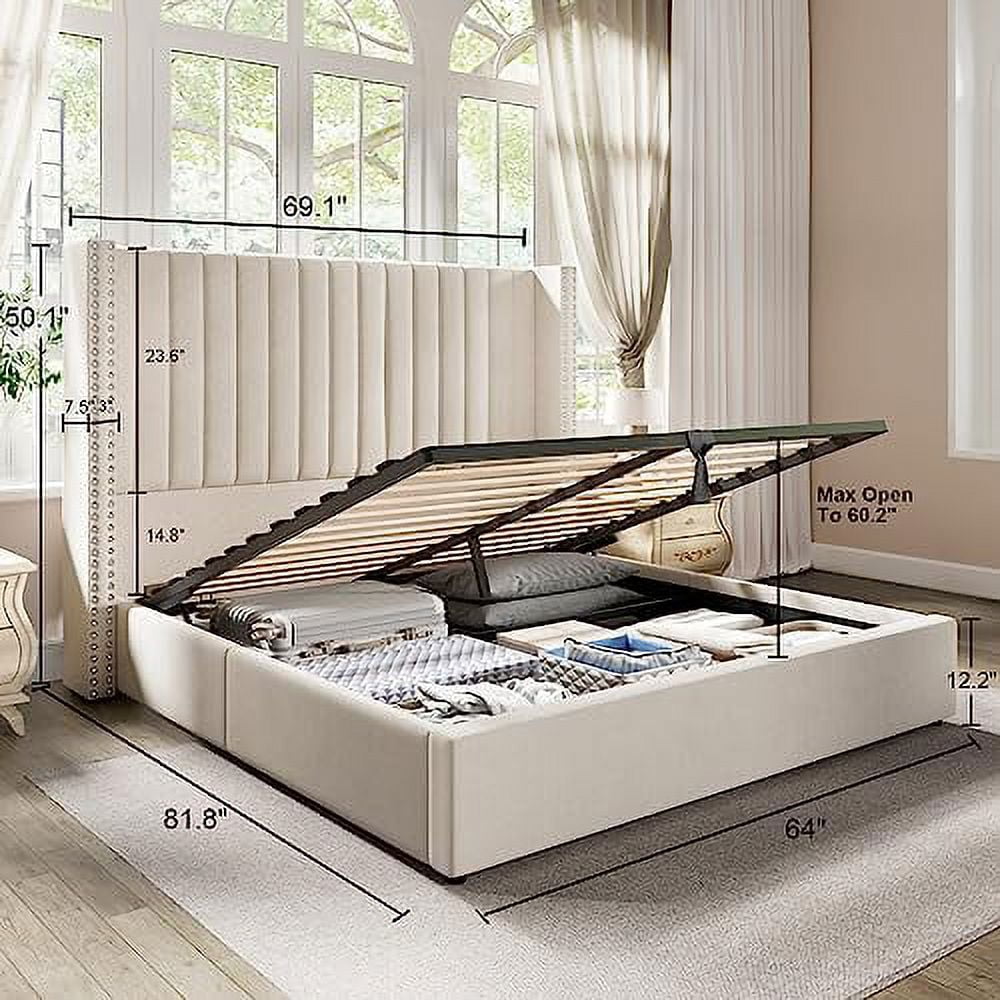 Merluxy Queen Bed Frame Lift Up Storage Bed, Velvet Queen Upholstered Bed Frame Channel Tufted Wingback Headborad/No Box Spring Needed/Cream