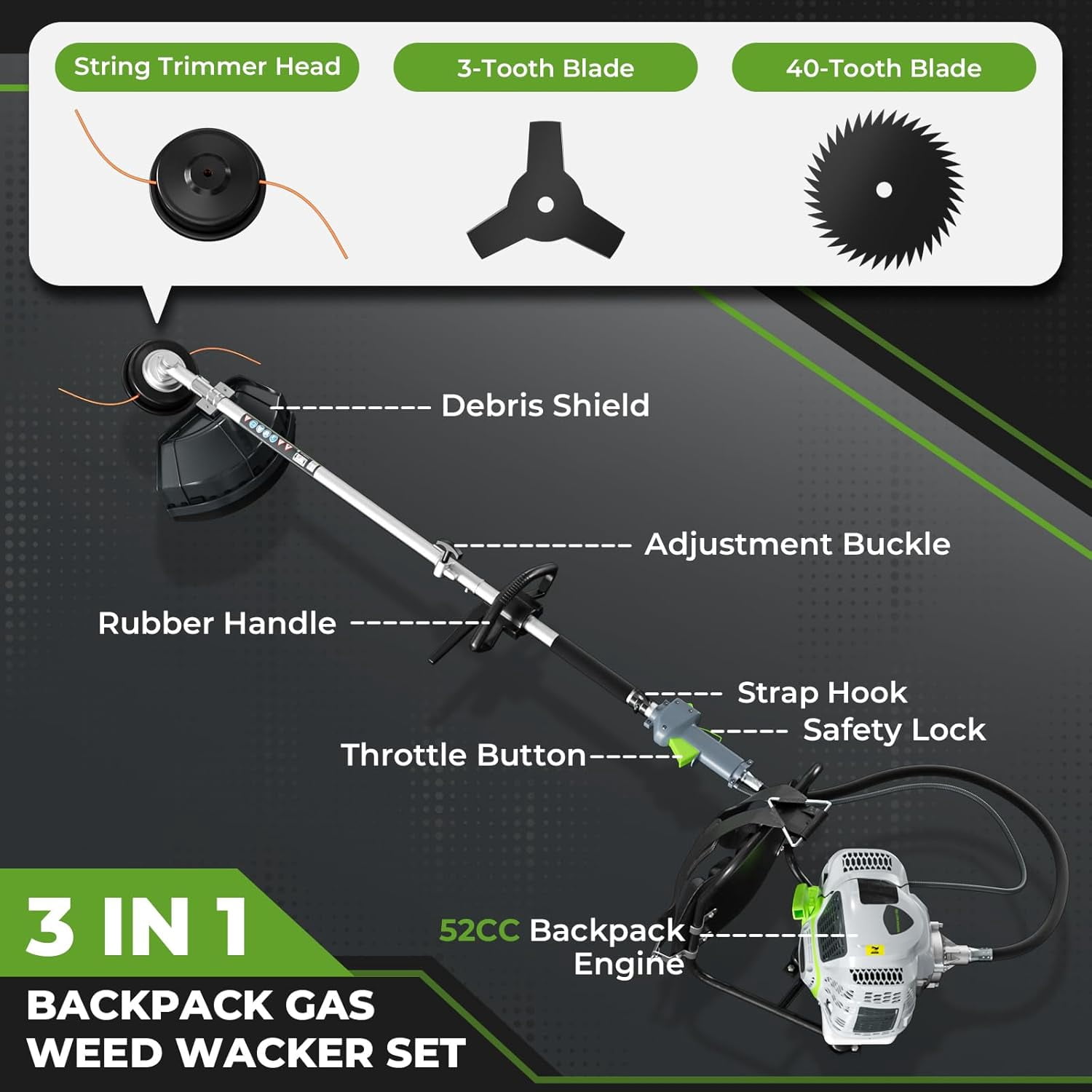 52CC 3-in-1 2-Stroke Gas Powered Weed Wacker, Backpack Weed Eater String Trimmer, Brush Cutter 3/40-Tooth Blade