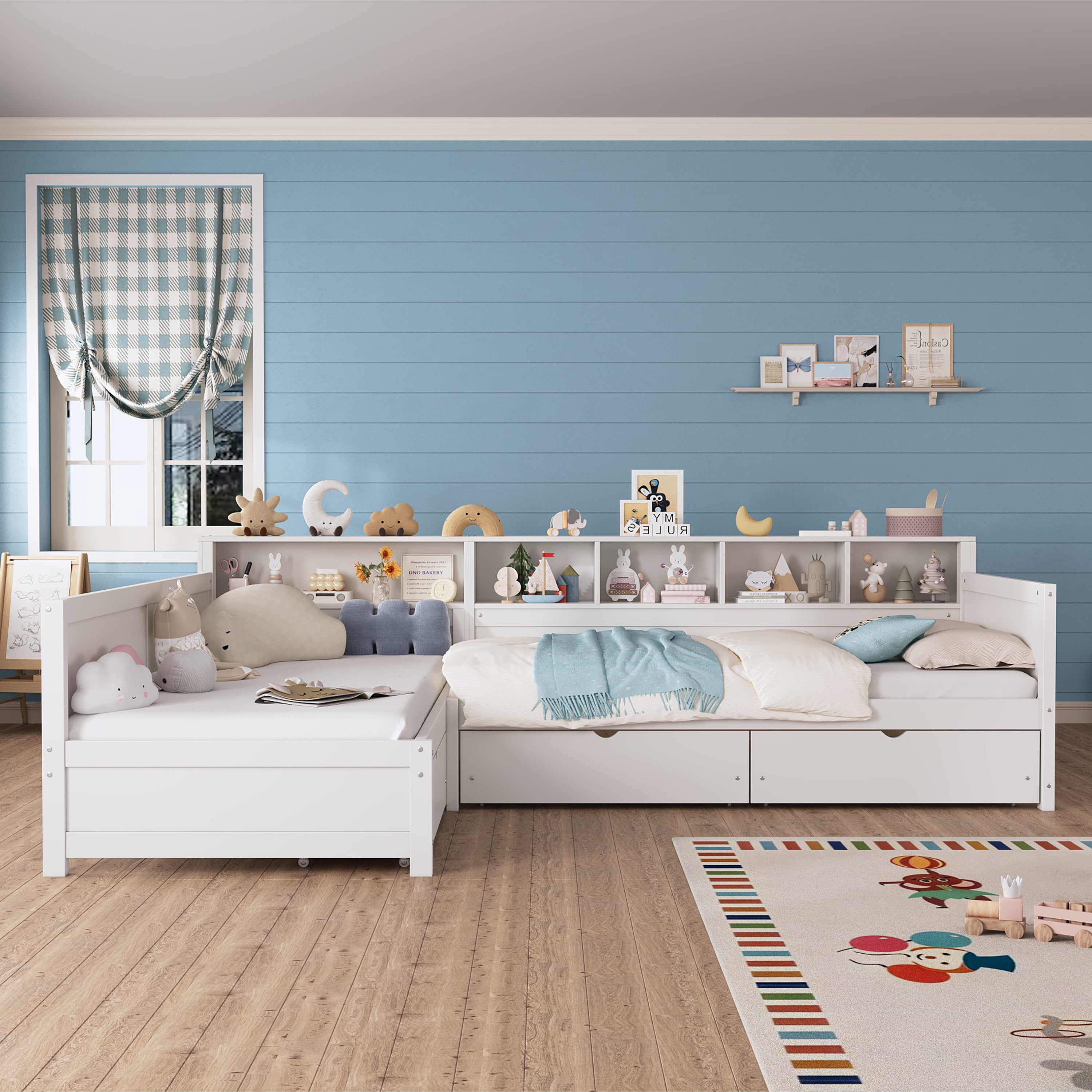 Yoneston L-Shaped Twin Daybed with Storage Side Bookcase and 3 Drawers, Corner Bed Frame with Storage Shelves for Kids Teens Bedroom Playroom Guest Room, White