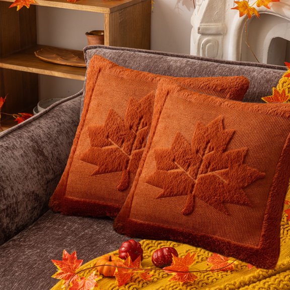 NWOKYZGH Halloween Plush Pillow Covers 17x17 Set of 2 Maple Leaves Embroidery Throw Pillow Covers Farmhouse Thanksgiving Home Decor Cushion Covers for Couch Sofa Bed