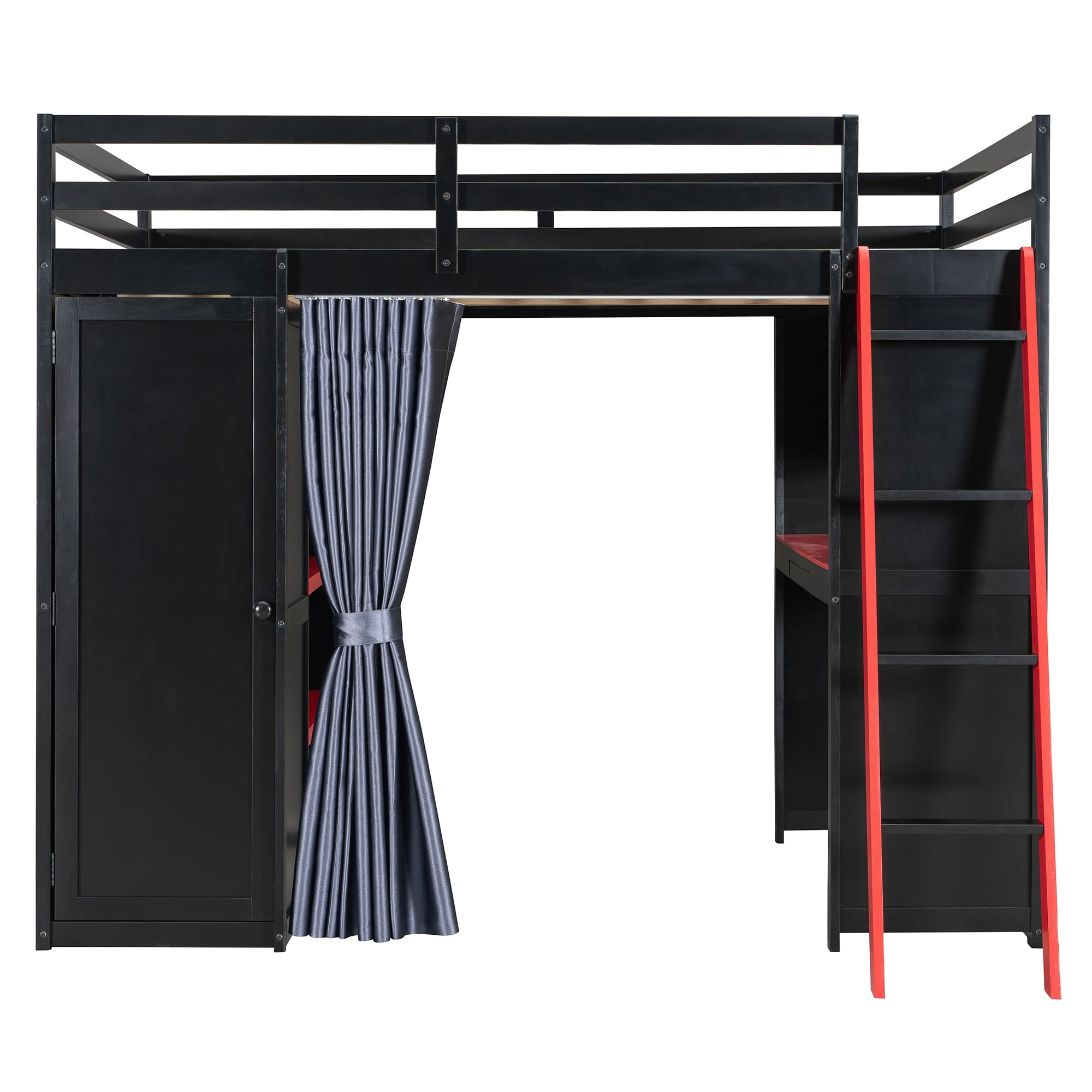Mintazer Full Size Loft Bed with Wardrobe, Storage Shelves, Desk, Blackout Curtains, Charging Station & RGB Lights Game Bed Frame for Teens, Black & Red