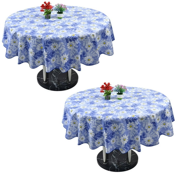 PiccoCasa Vinyl Home Picnic Tablecloth Round Tables 60" Dia Blue Flower Pattern Water Durable, 2 Pack