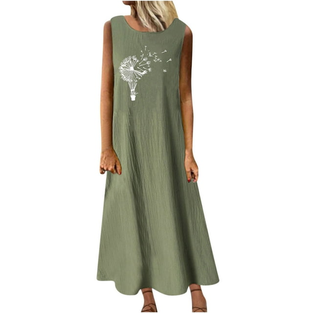 Robes d'Été en Coton et Lin pour Femmes, Col Rond, Imprimé, Sans Manches, Robe Débardeur Décontractée, Ample, Fluide, Maxi de Plage