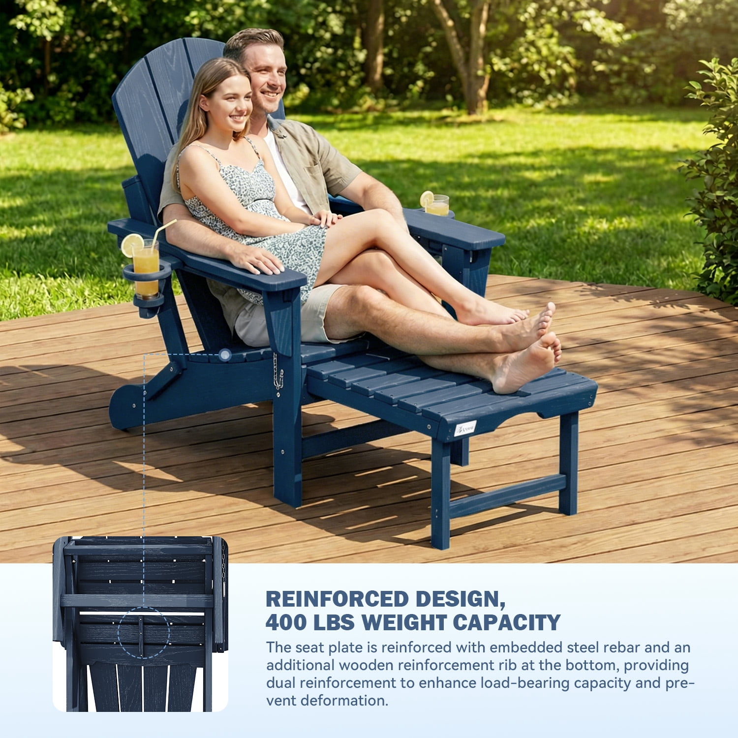Erinnyees 3-Level Adjustable Adirondack Chair with Retractable Ottoman, HDPE All-Weather Folding Fire Pit Chair with 2 Cup Holders, Outdoor Chair for Garden