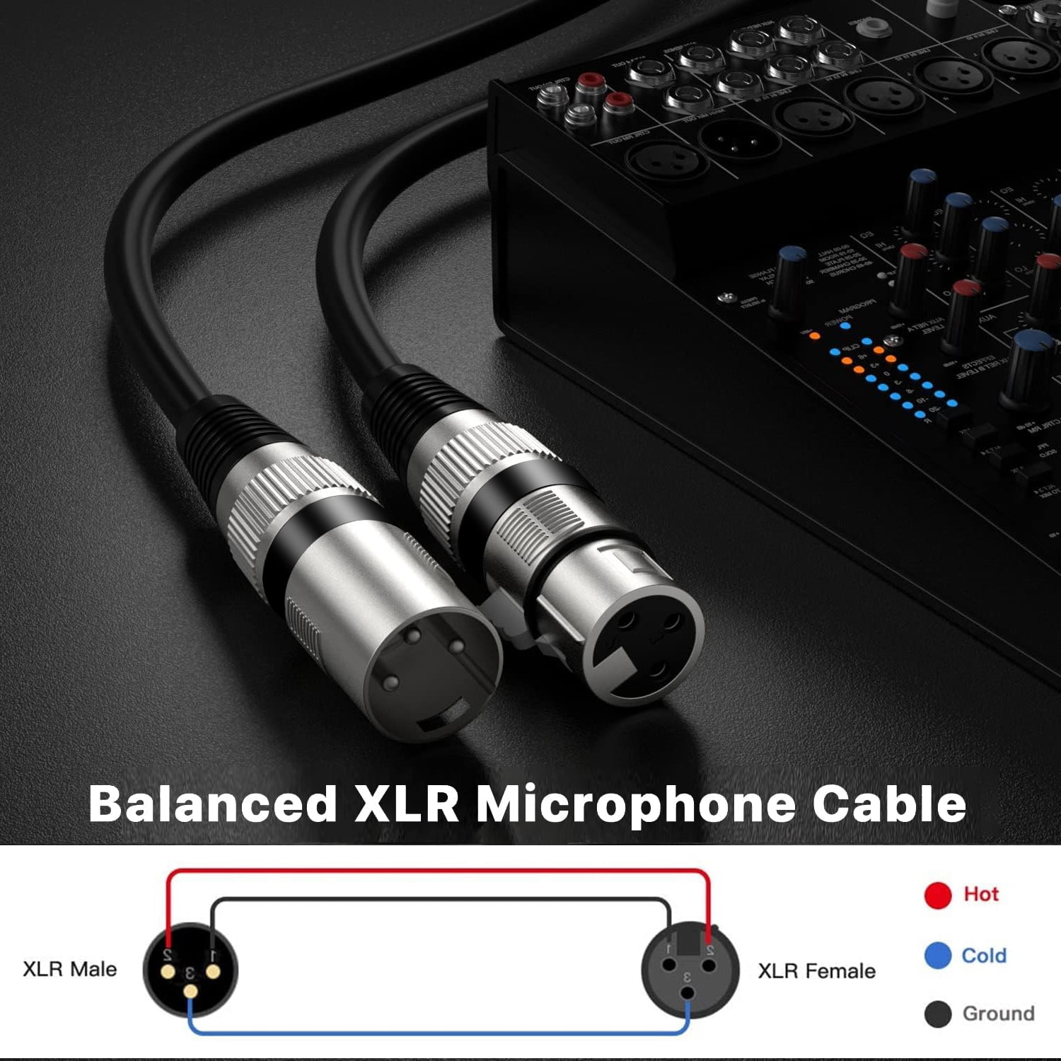 EBXYA XLR Cable Male to Female 2-Pack 3m Audio Cable with Durable Black Connectors & Oxygen-Free Copper for Live Sound, Studio Recording & Home Studio