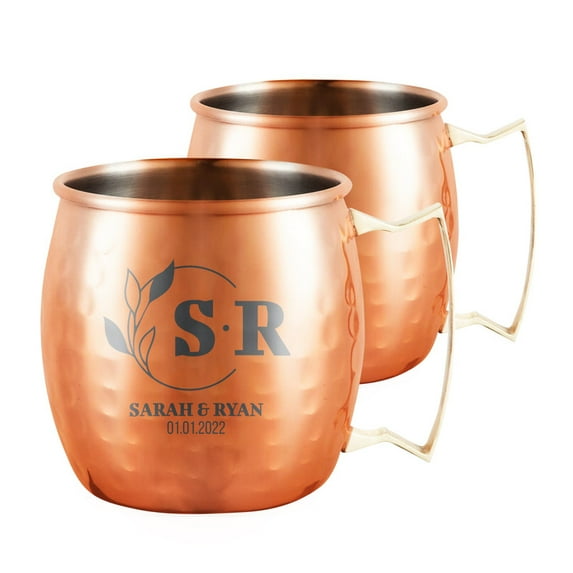 PERSONALIZED Elegant Custom Engraved Wedding Perfect Gift Round Classic Moscow Mule Mug with Sturdy Handle Rolled Rim, Hammered Copper Finish 18oz, Bold Contrast, Set of 2