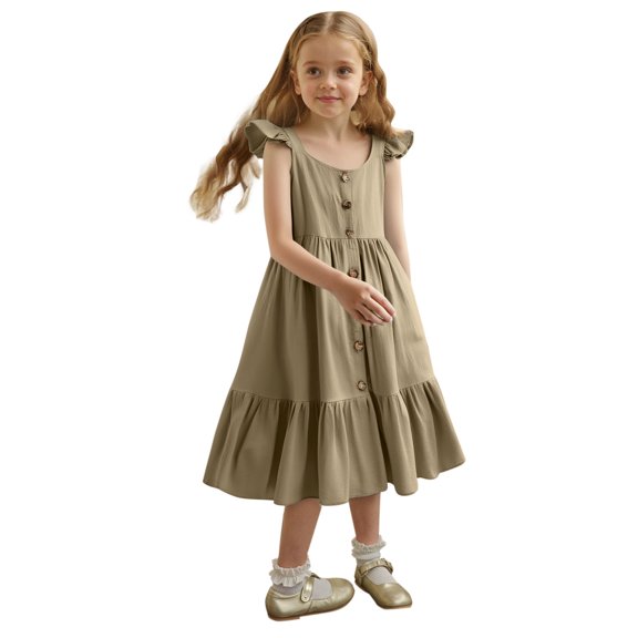 MEZZALL Sleeveless Casual Little Girl Button Down Ruffled Dress (1 6Years) O-Neck Solid Color Dresses Soft Toddler Baby Wear 3-4Y