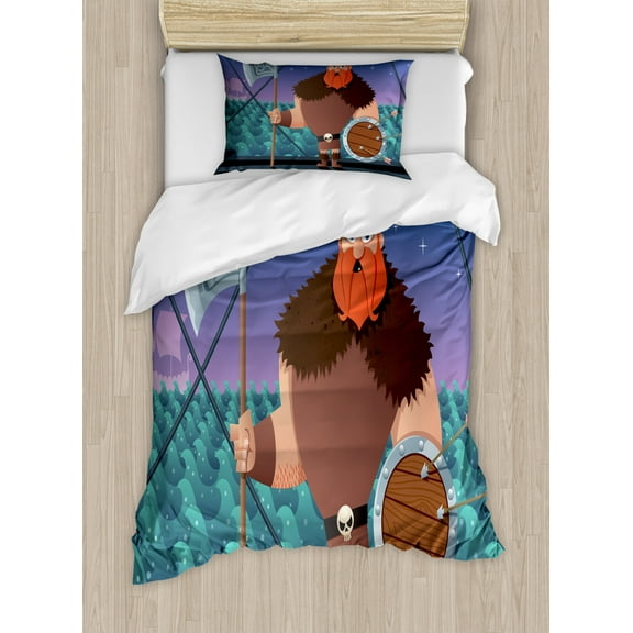 Nordic Twin Size Duvet Cover Set, Cartoon Viking Character on Board of the Ship Fearless Warrior Figure and Wavy Sea, Decorative 2 Piece Bedding Set with 1 Pillow Sham, Multicolor, by Ambesonne