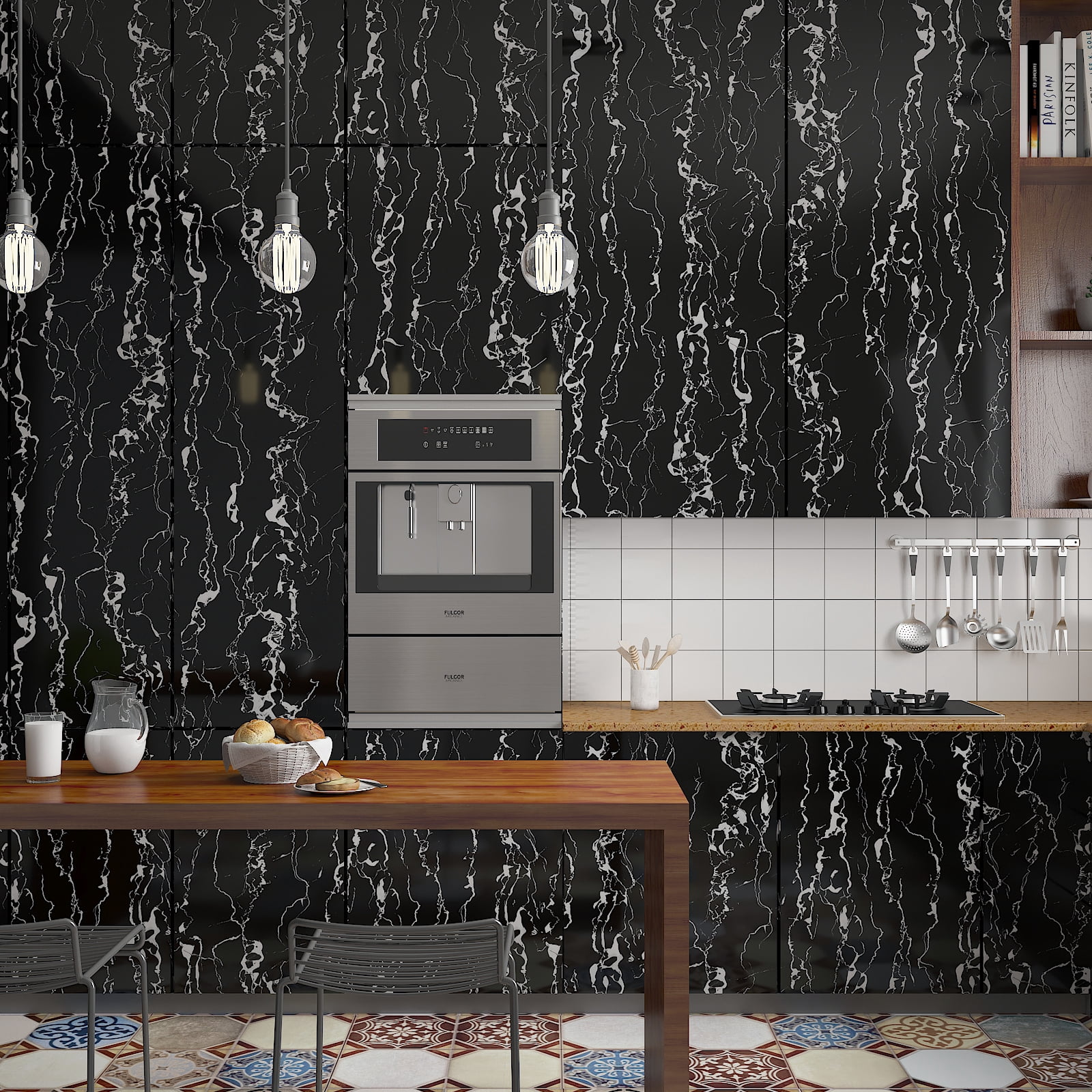 CHIHUT Glossy Black Marble Contact Paper for Countertops Waterproof 17.7"x100" Marble Peel and Stick Wallpaper for Bedroom Vinyl Self Adhesive Removable Wallpaper for Kitchen Cabinets Walls Shelf