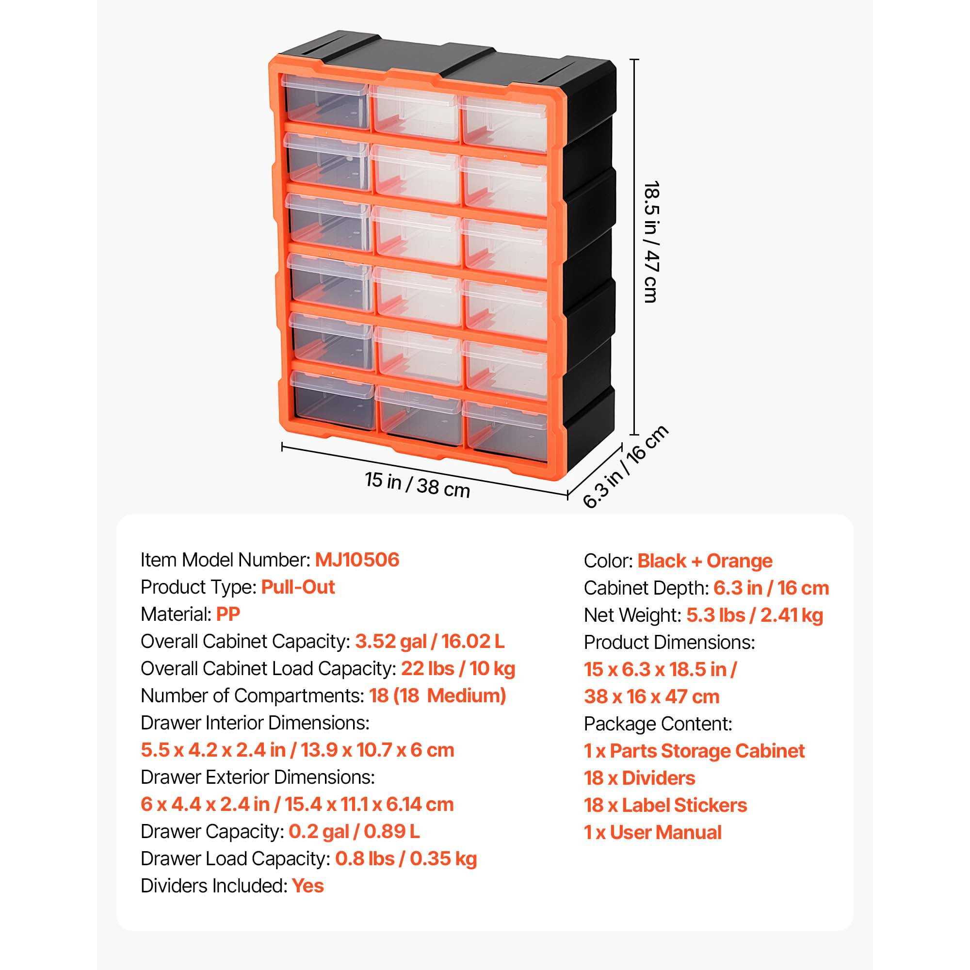 KFFKFF 18-Drawer Plastic Storage Organizer, Stackable Cabinet for Garage and Workshop, Wall-Mountable Small Parts Organizer for Tools, Beads, Screws, Crafts, and Building Blocks