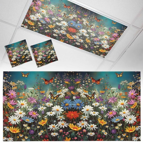 2 Pack Floral Fluorescent Light Covers for Ceiling Lights Vintage Colorful Daisy Butterfly Nature Magnetic Ceiling Light Covers Overhead Light Filters for Office Classroom Home