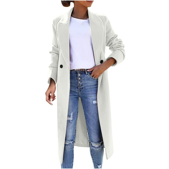 XFLWAM Trench Coats for Women Oversized Lapel Double Breasted Pea Coat Winter Wool Blend Jacket Trench Coat Long Coat White S