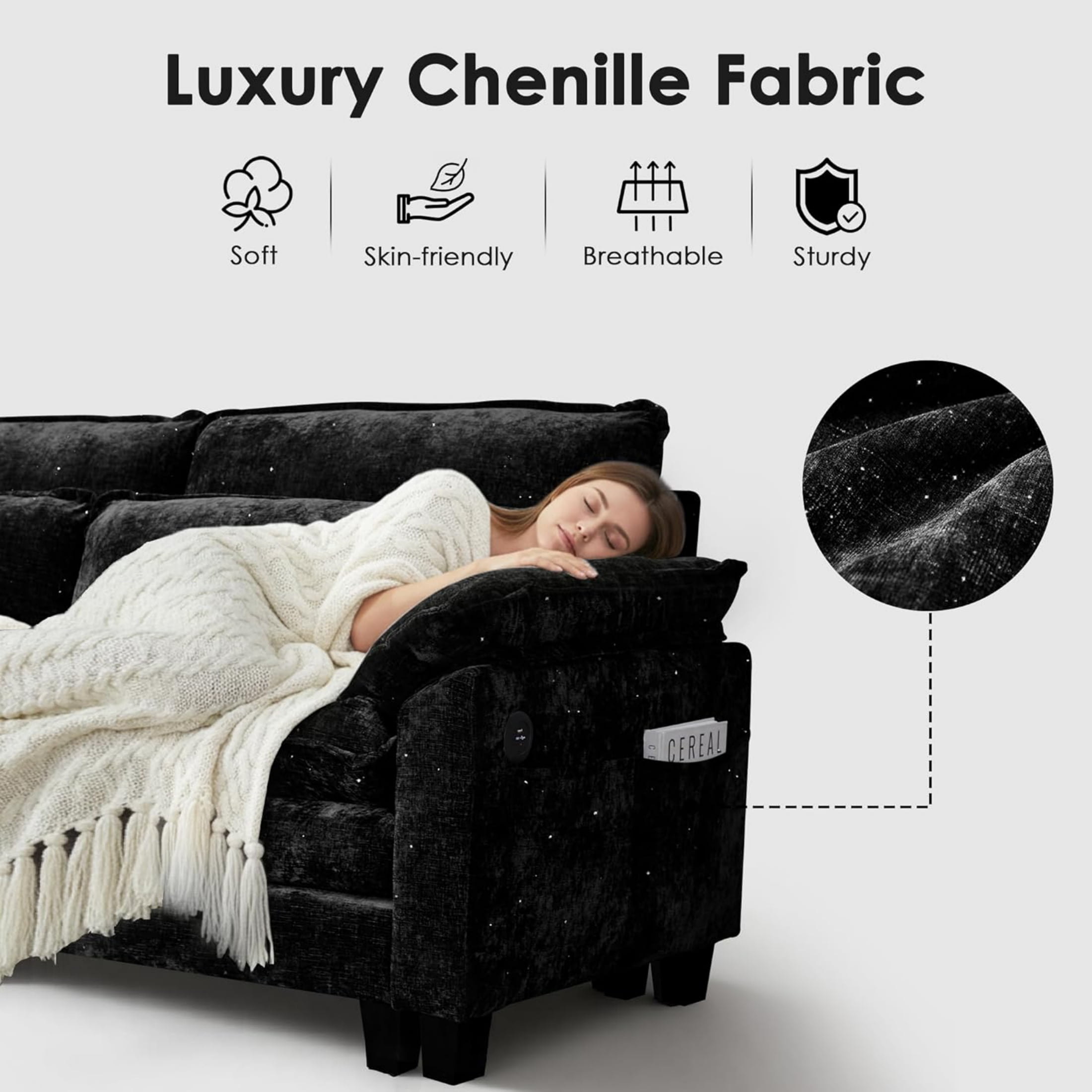 EPOWP Cloud Modular Sectional Sofa with Movable Ottoman, Comfy L Shaped Couch for Living Room, Chenille, 5-Seat, Stardust Black
