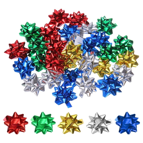 Uxcell 50 pcs Mini Gift Bow, 1" Small Star Gift Bow Metallic Self-Adhesive Bowknots for Holiday Presents Craft Wrapping Wedding Party Birthdays Decorations, Red/Green/Gold/Silver/Blue
