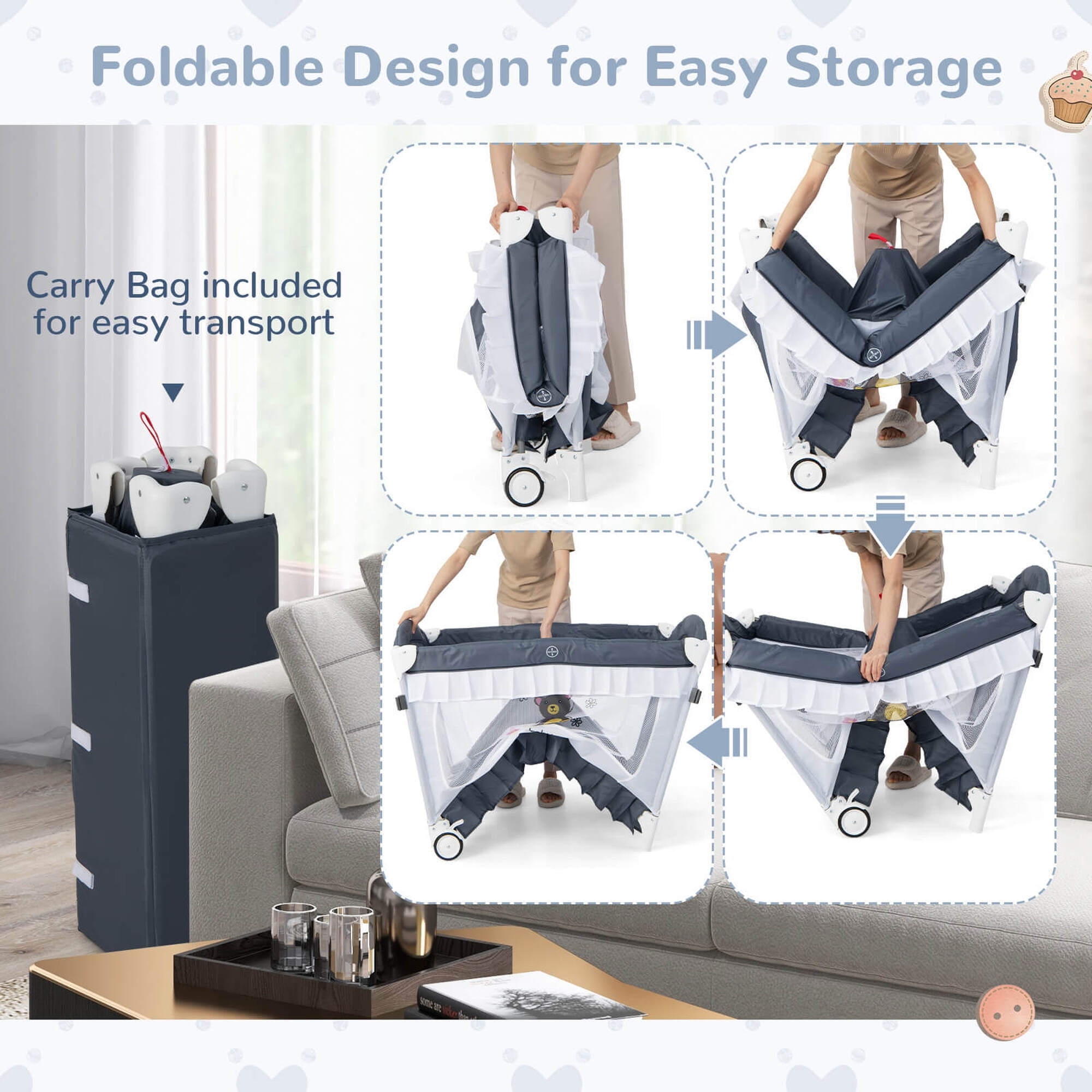 Costway Baby Playard Crib Bed 4 in 1 Portable with Changing Table Canopy Music Box Grey