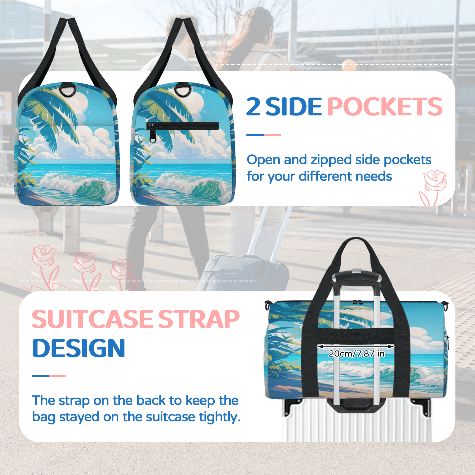 Herdesigns Tropical Palm Tree Gym Bag for Women, Duffle Bag for Travel Sport, Coastal Ocean Lightweight Waterproof Carry on Weekender Dance Yoga Workout Bags