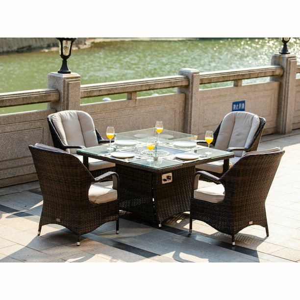 Seat Square Gas Fire Pit Dining Table, Moda 5 Piece Patio Wicker Round Dining Table Set With Cushions
