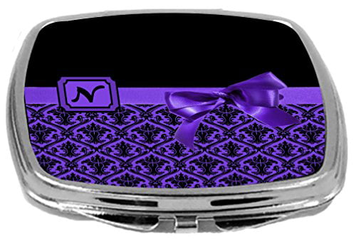 Rikki Knight Compact Mirror Letter a Initial Purple Damask and Stripes 