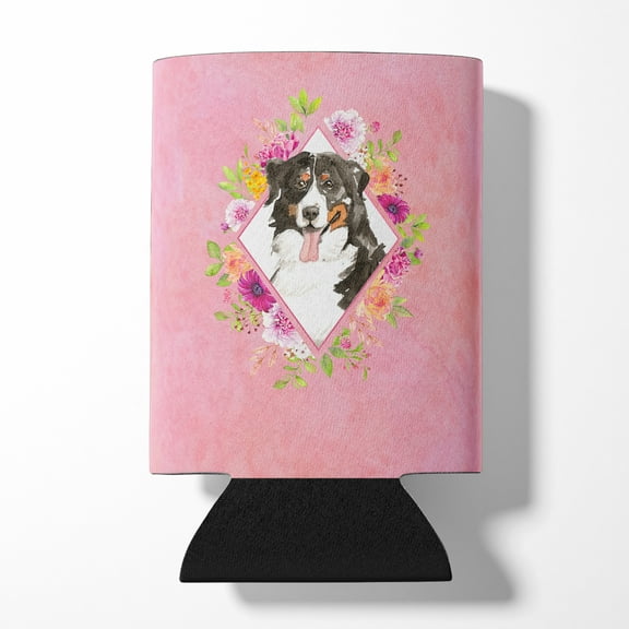 Carolines Treasures CK4264CC Bernese Mountain Dog Pink Flowers Can or Bottle Hugger Can Hugger multicolor