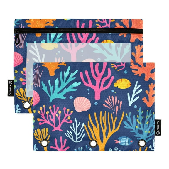 Pencil Pouch for 3 Ring Binder, Binder Pencil Case with Smooth Zipper, Clear Window Pencil Case for Binder, Big Capacity 3 Ring Binder Pencil Bag with 3 Reinforced Grommets. Ocean Life