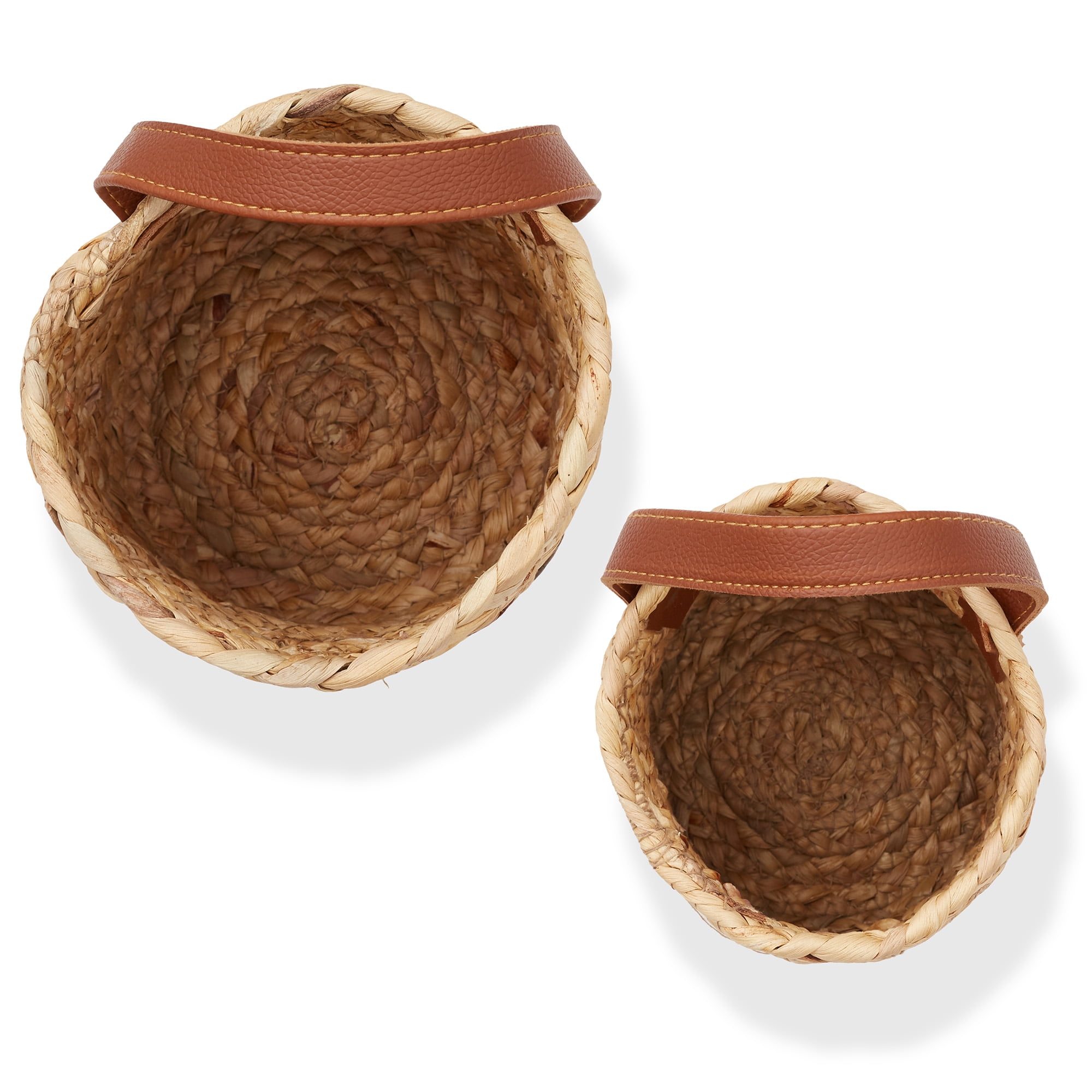 Casafield Set of 2 Wall Hanging Baskets with Handles (Small and Large) - Natural Water Hyacinth, Woven Boho Plant and Flower Storage Pots