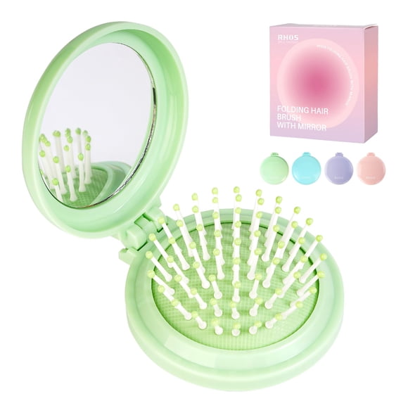 RHOS Cepillo plegable con espejo - Compacto, portátil y plegable para viajes, adecuado para mujeres, hombres y niños (verde)