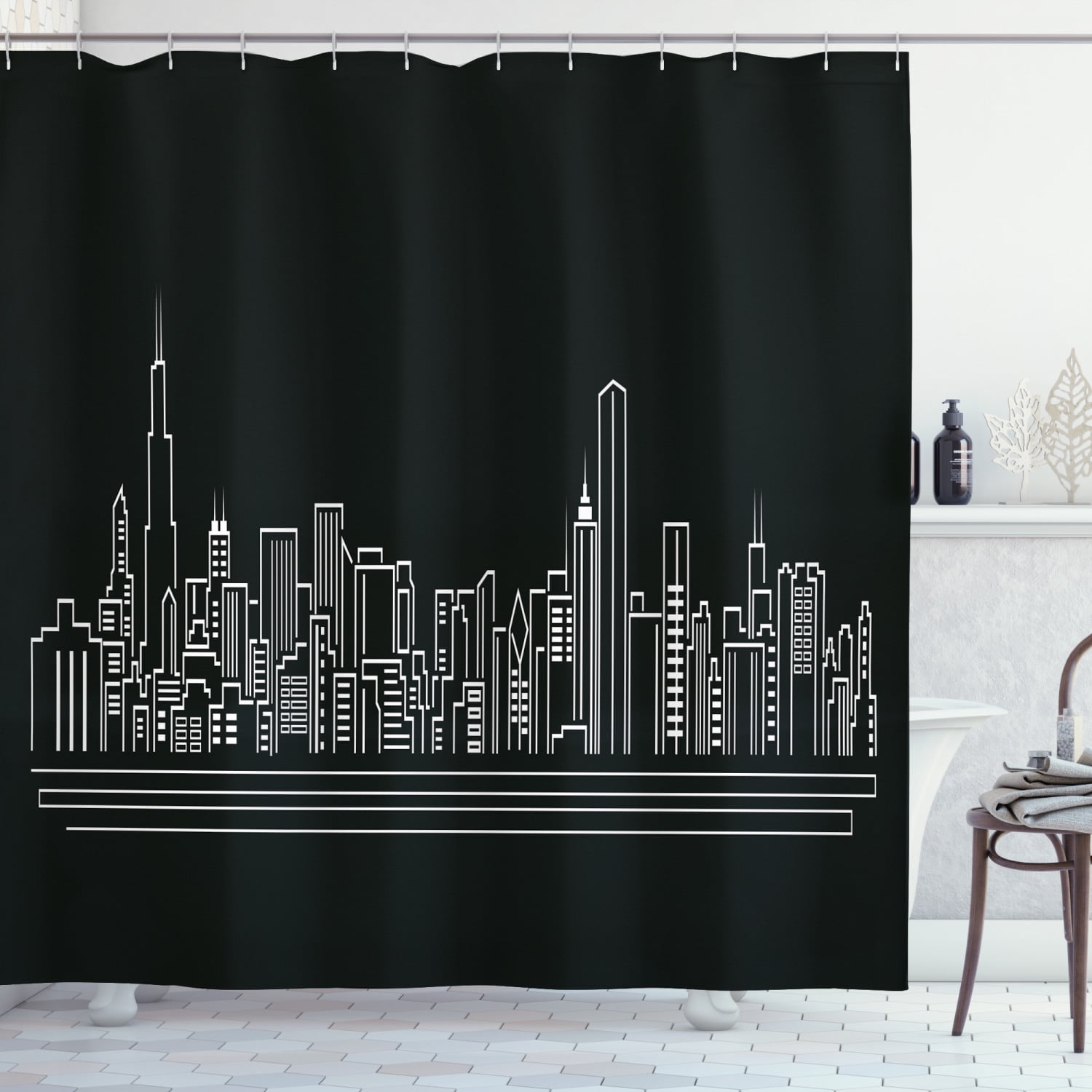 Chicago Skyline Shower Curtain Fabric Bathroom Decor Set with Hooks 4 Sizes 