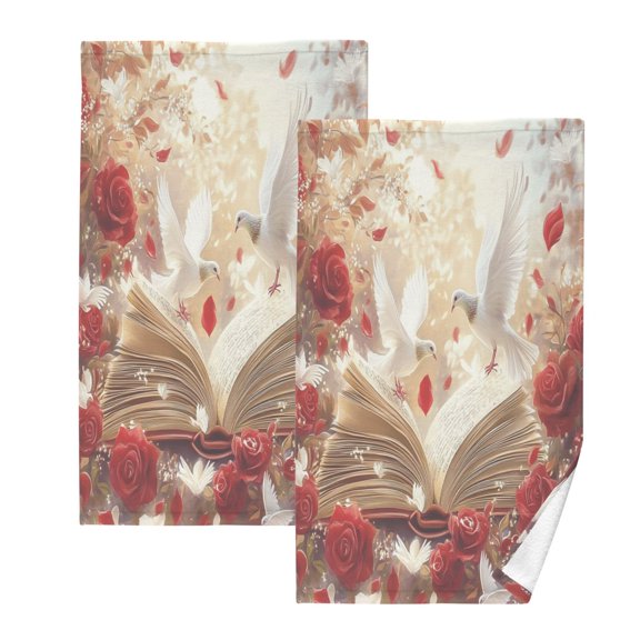 BZSMCE Face Towel Hand Towel Bath Towel Cotton Bath Towel Sets Hand Bath Towels Fashion White Doves Red Roses Pattern