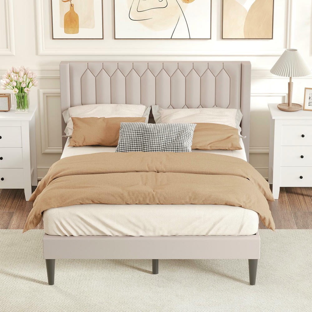 GVN Queen Size Dutch Linen Fabric Upholstered Sturdy Bed Frame with Wingback Headboard and Wooden Slat Support, Bedroom Platform Bed Frame for Apartment, Bedroom, Beige
