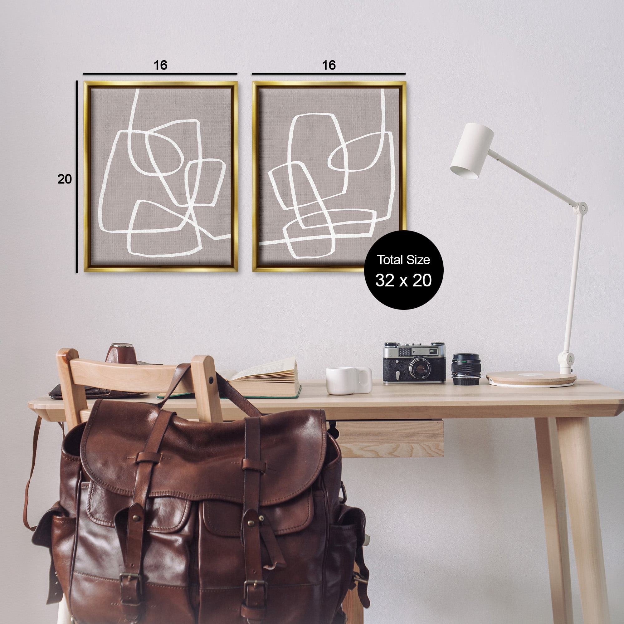 Stupell Industries Minimal Abstract Busy Line Abstract Painting Gold Floater Framed Canvas Art Print Wall Art, 17 x 21, Set of 2