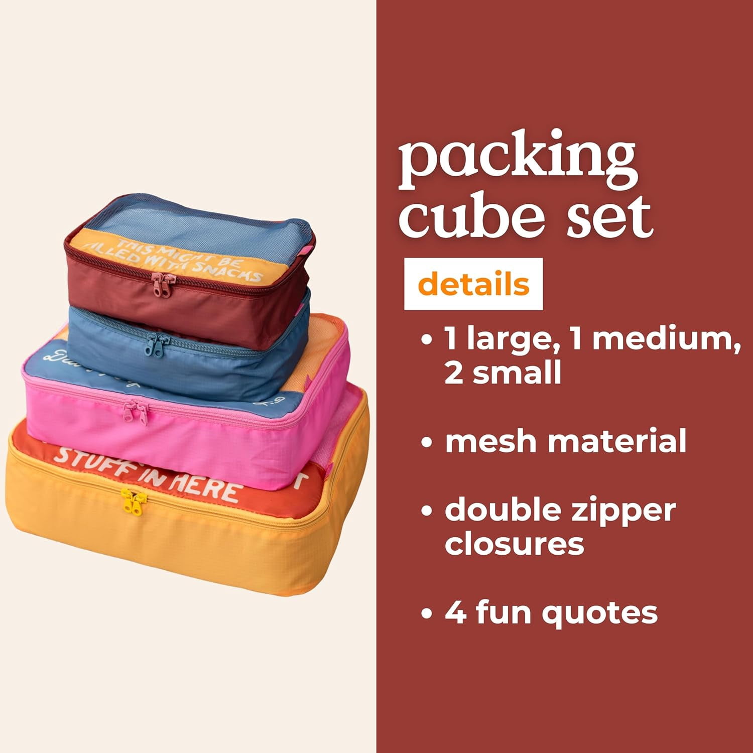 4-Piece Packing Cube Set – Polyester & Mesh Foldable Luggage Organizers – 1 Large (14.2"x11.2"x4") + 1 Medium (12.2"x9.2"x3.5") + 2 Small (9.2"x6.2"x3") – Bits and Bobs