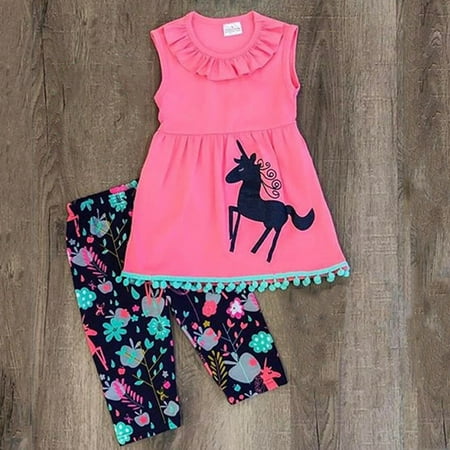 Kids Baby Girl Toddler Unicorn Clothes Pink Sleeveless Top Dress +Trousers Leggings Pants Outfit Set