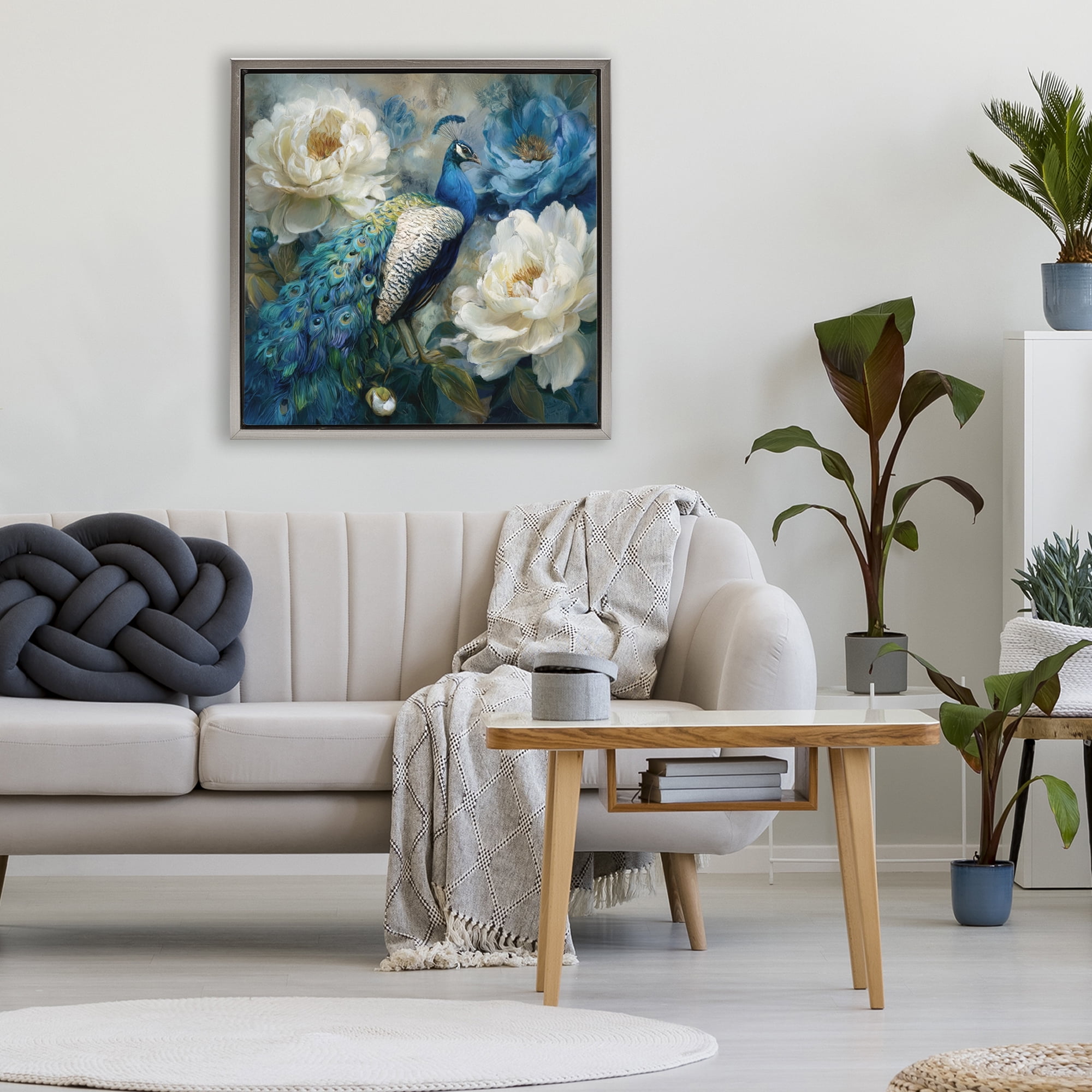 Stupell Industries Pretty Peony Peacock Gray Framed Floater Canvas Wall Art, design by Tina LeCour