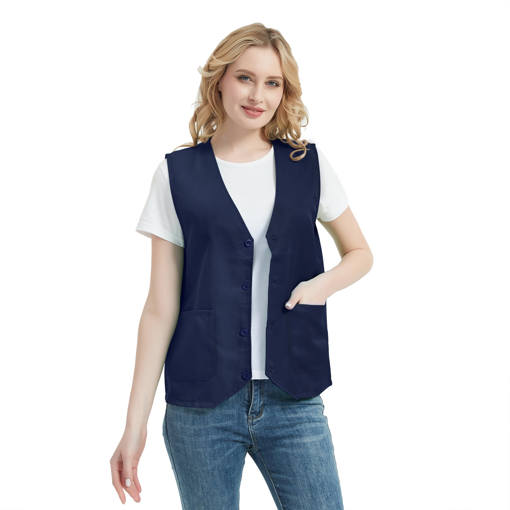 TOPTIE 5 Pack Unisex Work Vest Button Up Vest Volunteer Activity Supermarket Uniform-Navy Blue-M