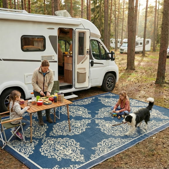 Little Dove 5*8 ft Outdoor Rug Waterproof, Reversible Plastic Straw Patio Mat for RV, Deck, Balcony, Backyard, Blue pattern