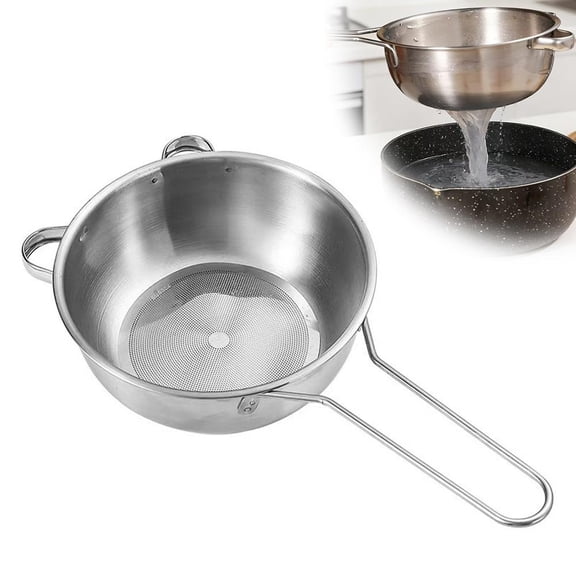Stainless Steel Colander with Long Handle, Multi-Purpose Fine Mesh Strainer for Rice, Pasta and Vegetables, Hook Ear Design for Pot Rest