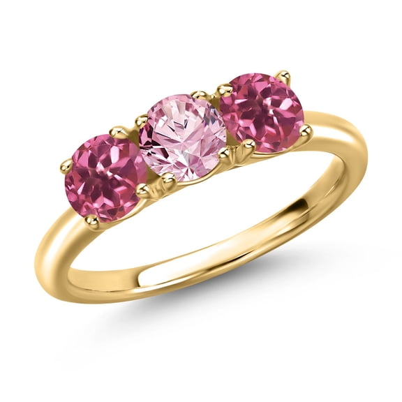 Gem Stone King 18K Yellow Gold Plated Silver Pink Lab Grown Diamond and Pink Tourmaline Engagement Ring for Women | 1.54 Cttw | Round 5MM | Gemstone April Birthstone | Size 9