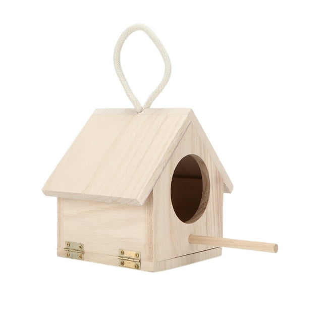 Casa para pájaros de madera con percha exterior, casa para pájaros de madera natural para pájaros pequeños