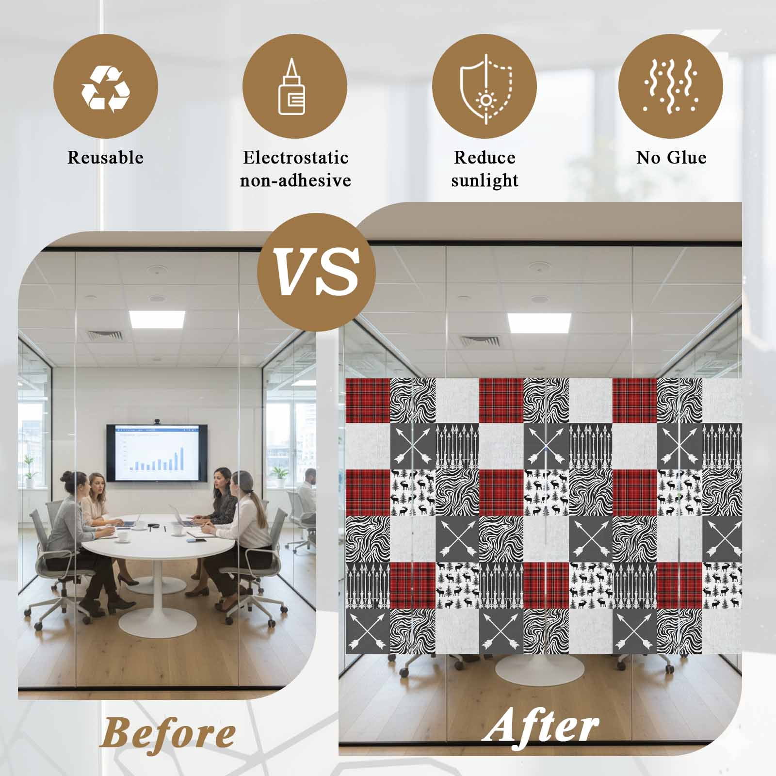 Arrows Zebra Stripes Window Privacy Film, Forest Deer Red Black Buffalo Plaid Frosted Glass Window Clings Static Cling UV Heat Blocking Reusable Door Sticker for Bathroom 29.5 x 118 Inch