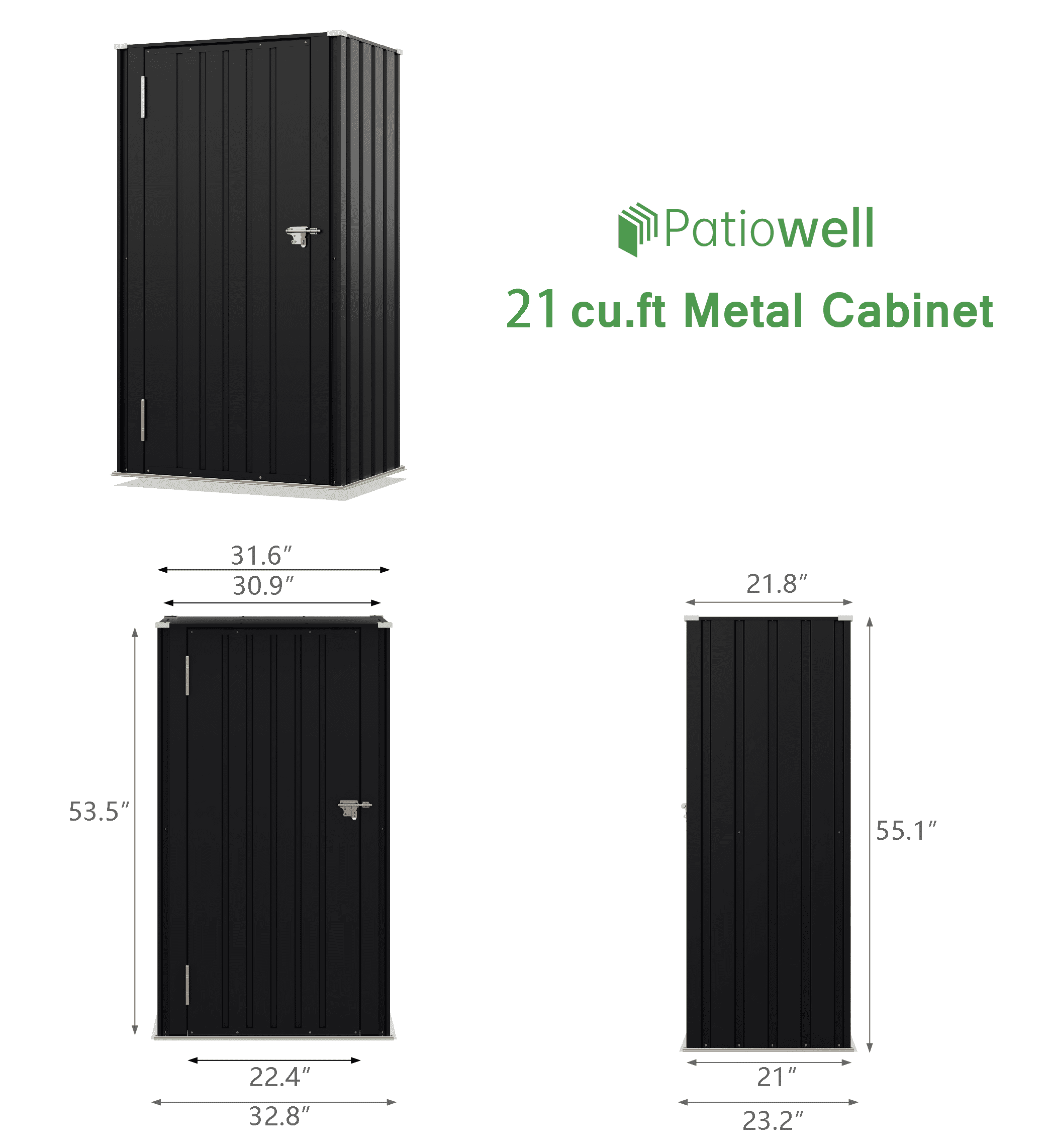 Patiowell, 21cu.ft Black Metal Storage Shed - Lockable All-Weather Garden Shed for Tools/Trash Bins