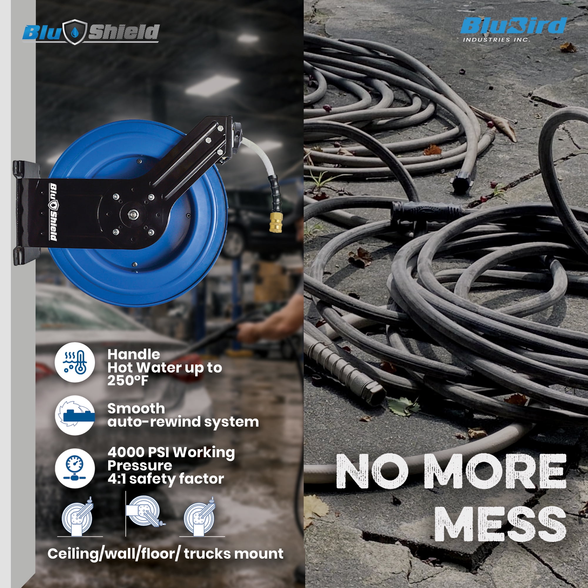 BluShield Pressure Washer Hose Reel with Aramid Braided Hose, 4100 PSi 6' Lead-in Hose, NPT, Lighter, Stronger, Flexible, 1-Year Warranty (3/8" x 100' Non Marking + Coupler Plug)