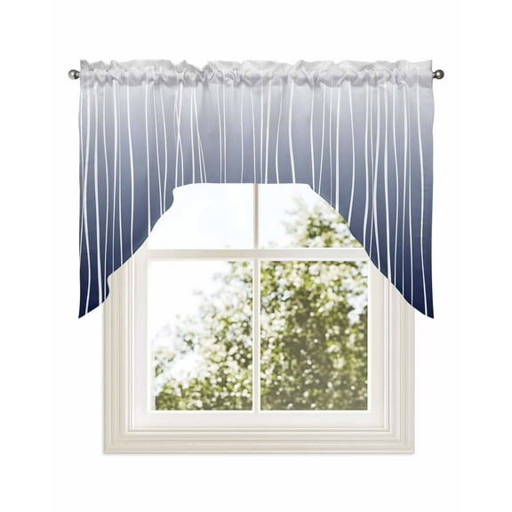 Blue White Kitchen Curtains Swag Valance for Windows/Bathroom/Cafe, Ombre Gradient Striped Minimalist Texture Rod Pocket Drape Panel Swag Curtains Valance for Bedroom/Living Room 56"x36"