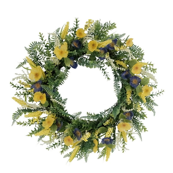 CC Christmas Decor Poppy Artificial Spring Floral Wreath - 30" - Green and Yellow